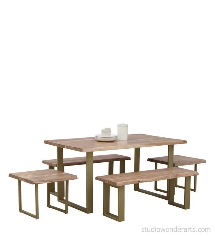 Farmhouse Solid Wood 6 Seater Dining Set (2 Benches & 2 Stools)