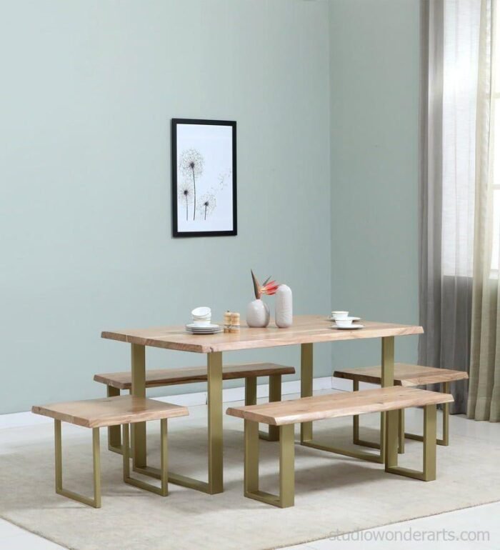 alice solid wood six seater dining set with two benches and two stools in natural and gold finish u7kqbi