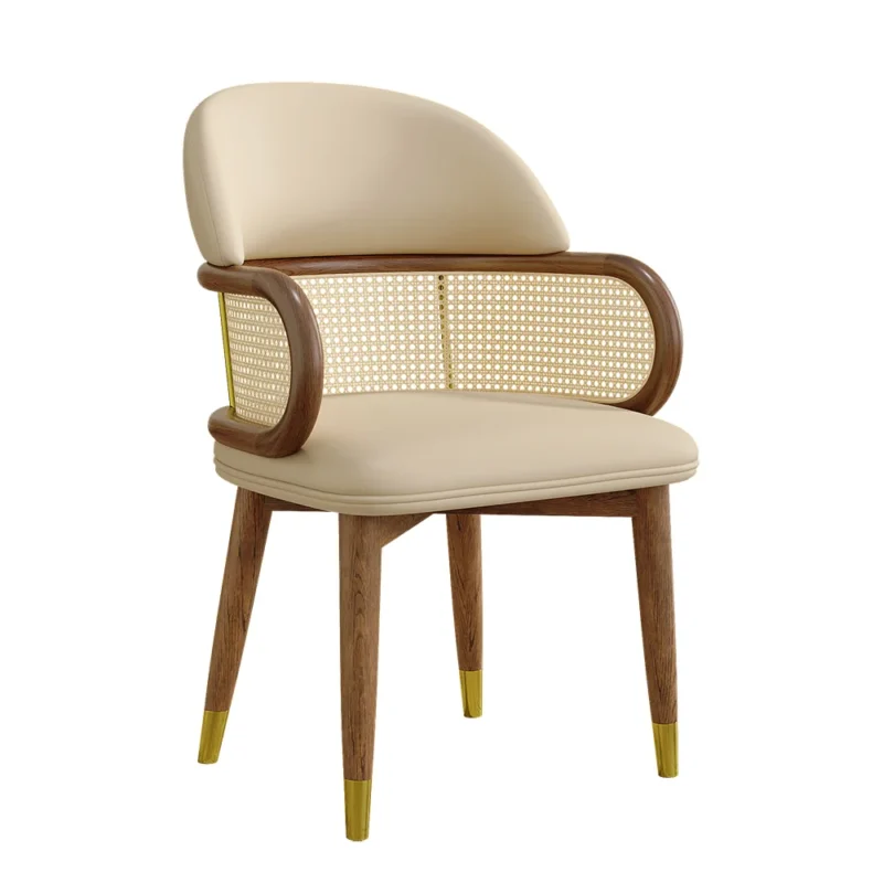 Mid-Century Modern Beige Rattan Dining Chair Curved Back