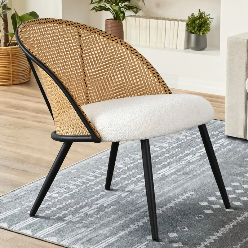 Rattan Upholstered Boucle Accent Chair