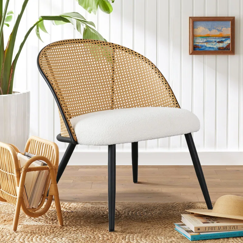 Rattan Upholstered Boucle Accent Chair