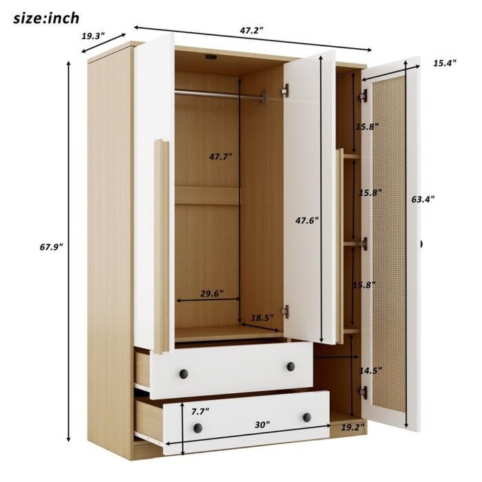 47 W Wooden Rattan Storage Cabinet Armoire Wardrobe with Rattan Cabinet Doors 10