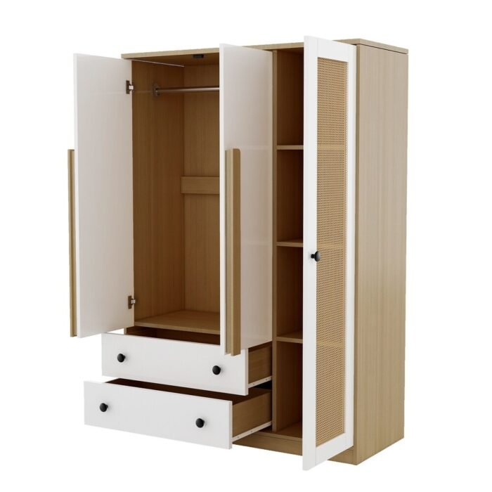 47 W Wooden Rattan Storage Cabinet Armoire Wardrobe with Rattan Cabinet Doors 12