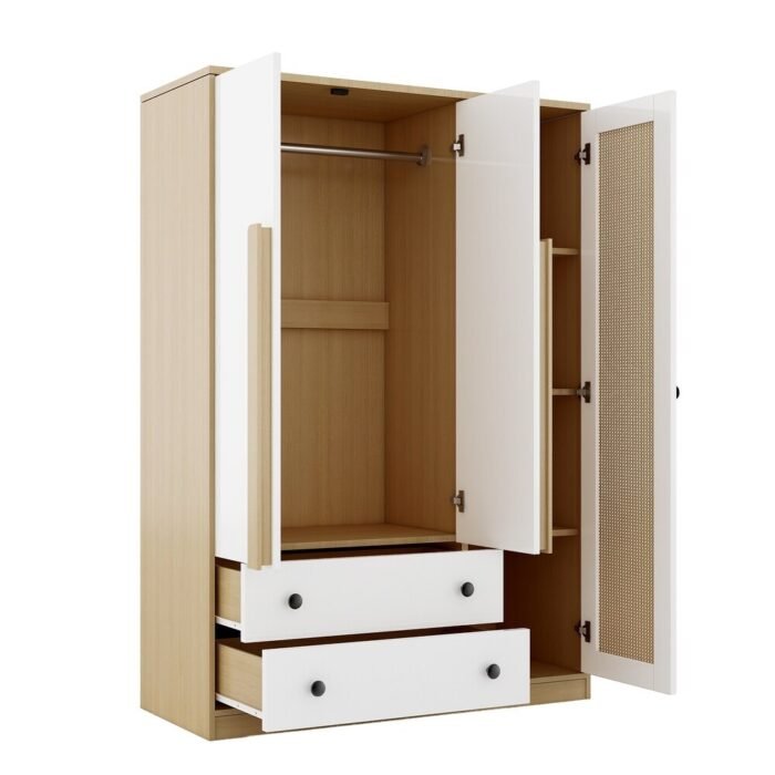 47 W Wooden Rattan Storage Cabinet Armoire Wardrobe with Rattan Cabinet Doors 14