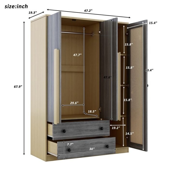 47 W Wooden Rattan Storage Cabinet Armoire Wardrobe with Rattan Cabinet Doors 3