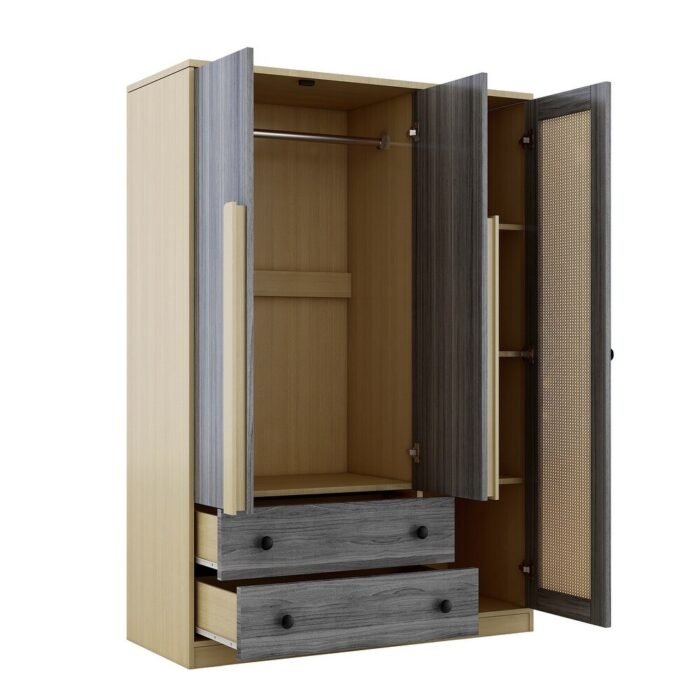 47 W Wooden Rattan Storage Cabinet Armoire Wardrobe with Rattan Cabinet Doors 4