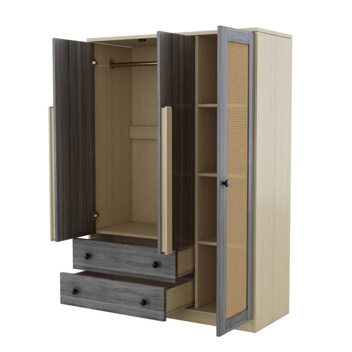 47 W Wooden Rattan Storage Cabinet Armoire Wardrobe with Rattan Cabinet Doors 6