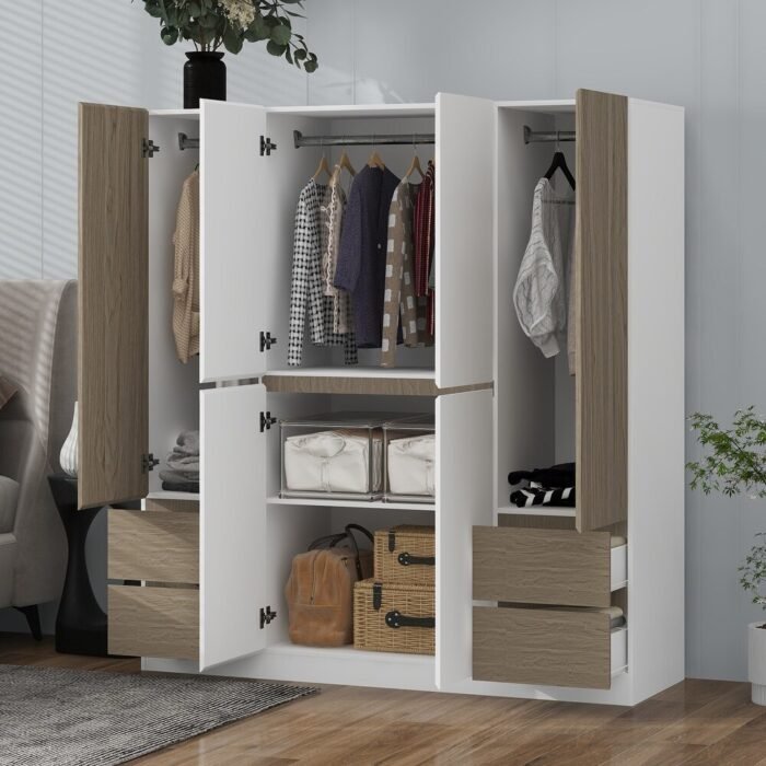 Wooden Rattan 6 Doors Armoire Wardrobe with 4 Drawers and Adjustable Shelving 1