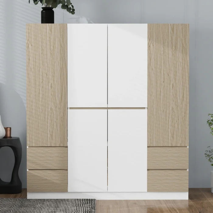 Wooden Rattan 6 Doors Armoire Wardrobe with 4 Drawers and Adjustable Shelving