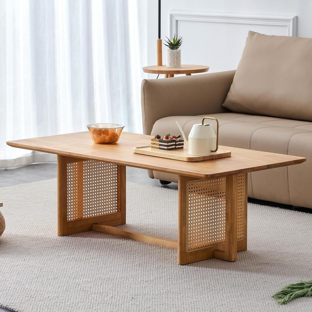 Scandinavian Center Table With Rattan in Solid Wood