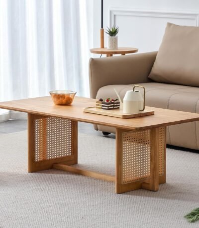 Scandinavian Center Table With Rattan in Solid Wood