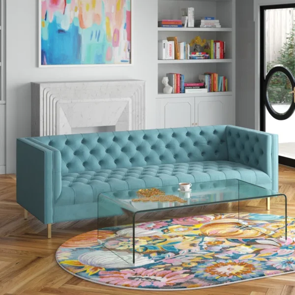 Genuine Tuxedo Arm Chesterfield Sofa in Blue Velvet