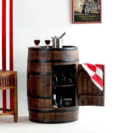 Farmhouse Barrel Bar Cabinet in Solid Wood
