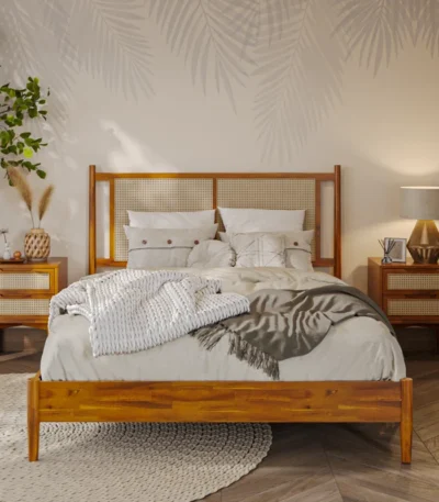 Singur Solid Wood Rattan Bed with Headboard