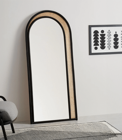 Arched Teakwood Rattan Floor Mirror