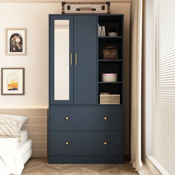 2 Drawer Wardrobe Closet Armoire With Mirror Blue
