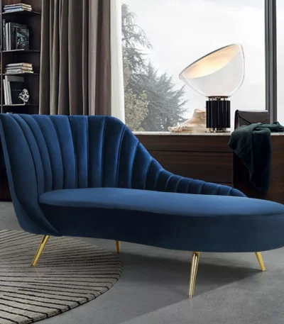 Tiberius Blue 74" Upholstered Chaise Lounge in Solid Wood