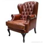 Queen Anne Leather Chesterfield Armchair in Brown Solid Wood