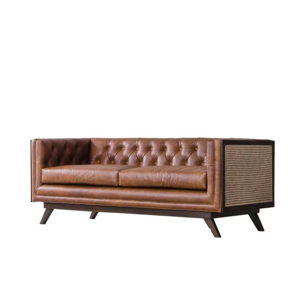 Leather Chesterfield With Rattan Sofa in Solid Wood