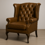 Chesterfield Armchair Tan Brown Leather in Solid Wood - Image 6