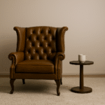 Chesterfield Armchair Tan Brown Leather in Solid Wood - Image 2