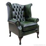Queen Anne Leather Chesterfield Armchair Green