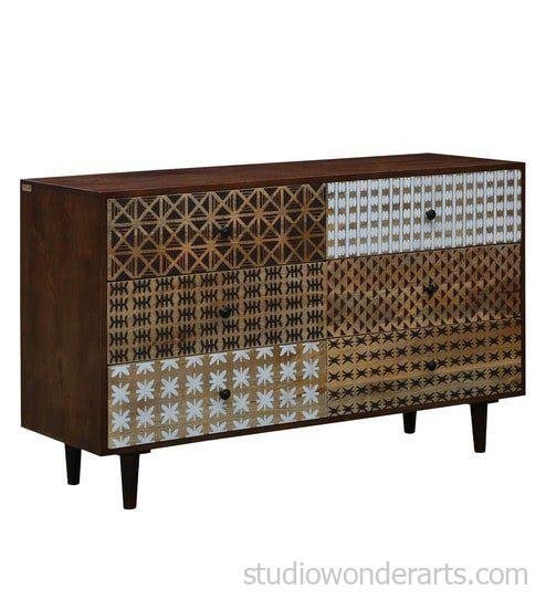 Graham Solid Wood Chest Of Drawers In Teak Finish With Screen Print